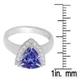 Sterling Silver Trillion Cut Tanzanite & Round White Sapphire Ladies Halo Style Bridal Engagement Ring