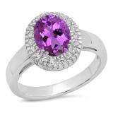 Sterling Silver Oval Cut Amethyst & Round White Sapphire Ladies Halo Style Bridal Engagement Ring