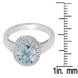 Sterling Silver Oval Cut Aquamarine & Round White Sapphire Ladies Halo Style Bridal Engagement Ring