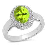 Sterling Silver Oval Cut Peridot & Round White Sapphire Ladies Halo Style Bridal Engagement Ring
