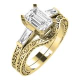 7X5mm Emerald Shape Moissanite & 0.15 CT Baguette White Diamond Filigree Vintage Engagement Ring Set for Women (0.15 ctw, Color I-J, Clarity I1-I2) in 14K Yellow Gold