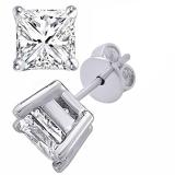 Princess Moissanite Ladies Solitaire Fashion Stud Earrings, 14K White Gold
