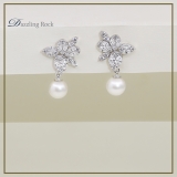 6.50mm each Round Cultured Freshwater Pearl & Marquise, Round White Diamond Dangling Earrings for Her in 925 Sterling Silver in Push Back