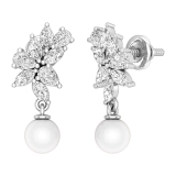 5.00mm each Round Cultured Freshwater Pearl & Marquise, Pear White Diamond Dangling Earrings for Her in 925 Sterling Silver in Screw Back