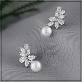 5.00mm each Round Cultured Freshwater Pearl & Marquise, Pear White Diamond Dangling Earrings for Her in 925 Sterling Silver in Screw Back