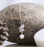 6mm Round Cultured Freshwater Pearl & Pear, Marquise White Diamond Dangle Pendant Necklace for Women in 925 Sterling Silver