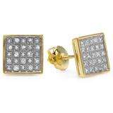 0.25 Carat (ctw) Round Diamond Square Mens Hip Hop Iced Stud Earrings 1/4 CT 18K Yellow Gold Plated Sterling Silver