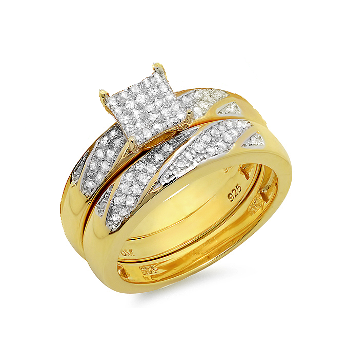 18K Yellow Gold Plated Sterling Silver Round White Diamond Womens Micro Pave Engagement Ring Bridal Set