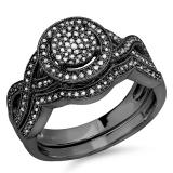0.55 Carat (ctw) Black Rhodium Plated Sterling Silver Round White Diamond Womens Micro Pave Engagement Ring Set 1/2 CT