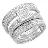 0.50 Carat (ctw) Sterling Silver Round White Diamond Men & Women's Micro Pave Engagement Ring Trio Bridal Set 1/2 CT