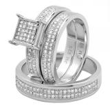 0.50 Carat (ctw) Sterling Silver Round White Diamond Men & Women's Micro Pave Engagement Ring Trio Bridal Set 1/2 CT