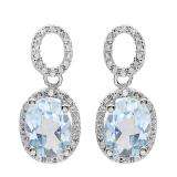 2.83 Carat (ctw) Sterling Silver Round Diamond Oval Blue Topaz Ladies Dangling Stud Earrings