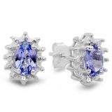1.00 Carat (ctw) Sterling Silver Round Diamond Oval Tanzanite Ladies Stud Earrings 1 CT