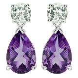 8.00 Carat (ctw) Sterling Silver Round Green Amethyst Tear Drop Purple Amethyst Ladies Dangling Stud Earrings 8 CT