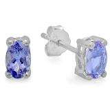 1.00 Carat (ctw) Sterling Silver Oval Blue Tanzanite Ladies Stud Earrings 1 CT