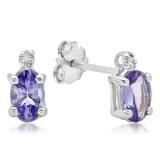 0.99 Carat (ctw) Sterling Silver Oval & Round Cut Genuine Blue Tanzanite & White Diamond Ladies Stud Earrings 1 CT