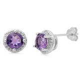 1.42 Carat (ctw) Sterling Silver Round Cut Amethyst & White Diamond Ladies Halo Stud Earrings