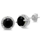 2.12 Carat (ctw) Sterling Silver Round Cut Black Sapphire & White Diamond Ladies Halo Stud Earrings