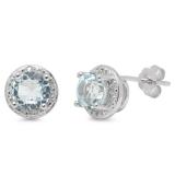2.02 Carat (ctw) Sterling Silver Round Cut Blue Topaz & White Diamond Ladies Halo Stud Earrings