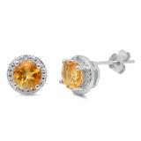 1.42 Carat (ctw) Sterling Silver Round Cut Citrine & White Diamond Ladies Halo Stud Earrings