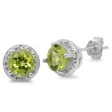 1.72 Carat (ctw) Sterling Silver Round Cut Peridot & White Diamond Ladies Halo Stud Earrings