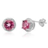 2.02 Carat (ctw) Sterling Silver Round Cut Pink Topaz & White Diamond Ladies Halo Stud Earrings