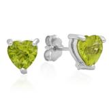 0.90 Carat (ctw) Sterling Silver Heart Shape Genuine Peridot Ladies Basket Setting Stud Earrings