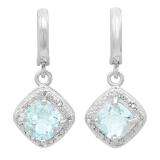 1.16 Carat (ctw) Sterling Silver Cushion Shape Blue Topaz & Round White Diamond Ladies Halo Dangling Drop Earrings