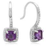 0.48 Carat (ctw) Sterling Silver Cushion Shape Amethyst & Round White Diamond Ladies Halo Dangling Drop Earrings