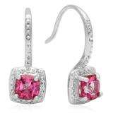0.58 Carat (ctw) Sterling Silver Cushion Shape Pink Topaz & Round White Diamond Ladies Halo Dangling Drop Earrings