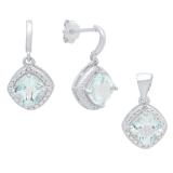 Sterling Silver Cushion Cut Blue Topaz & White Diamond Accent Ladies Dangling Earring & Pendant Set