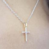 0.03 Carat (ctw) Dainty 14K Yellow Gold Round White Diamond Ladies Micro Pave Religious Cross Pendant