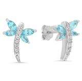 1.70 Carat (ctw) Sterling Silver Marquise & Round Cut Blue & White Topaz Ladies Dragonfly Stud Earrings